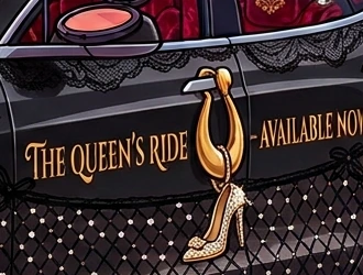 the queen's ride, available now, written in gold along the door